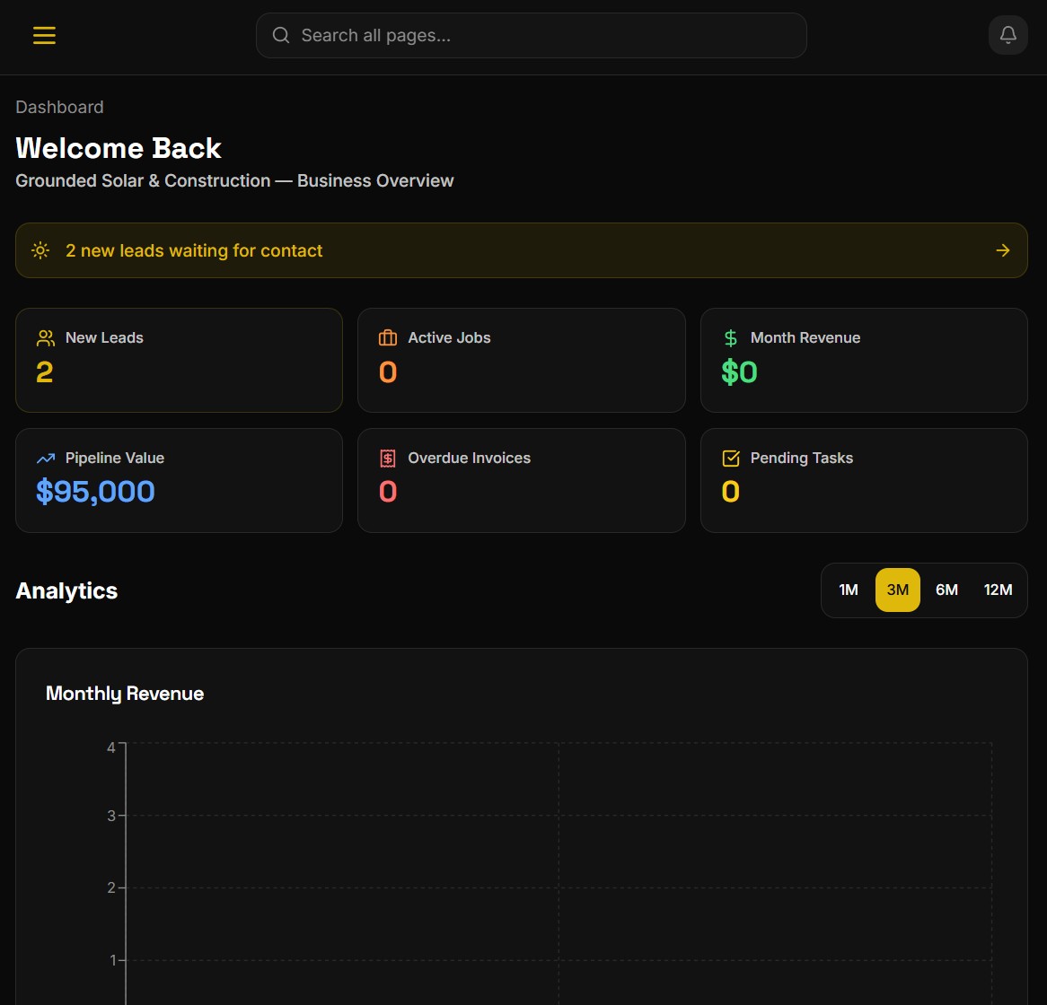 Grounded Solar & Construction owner dashboard