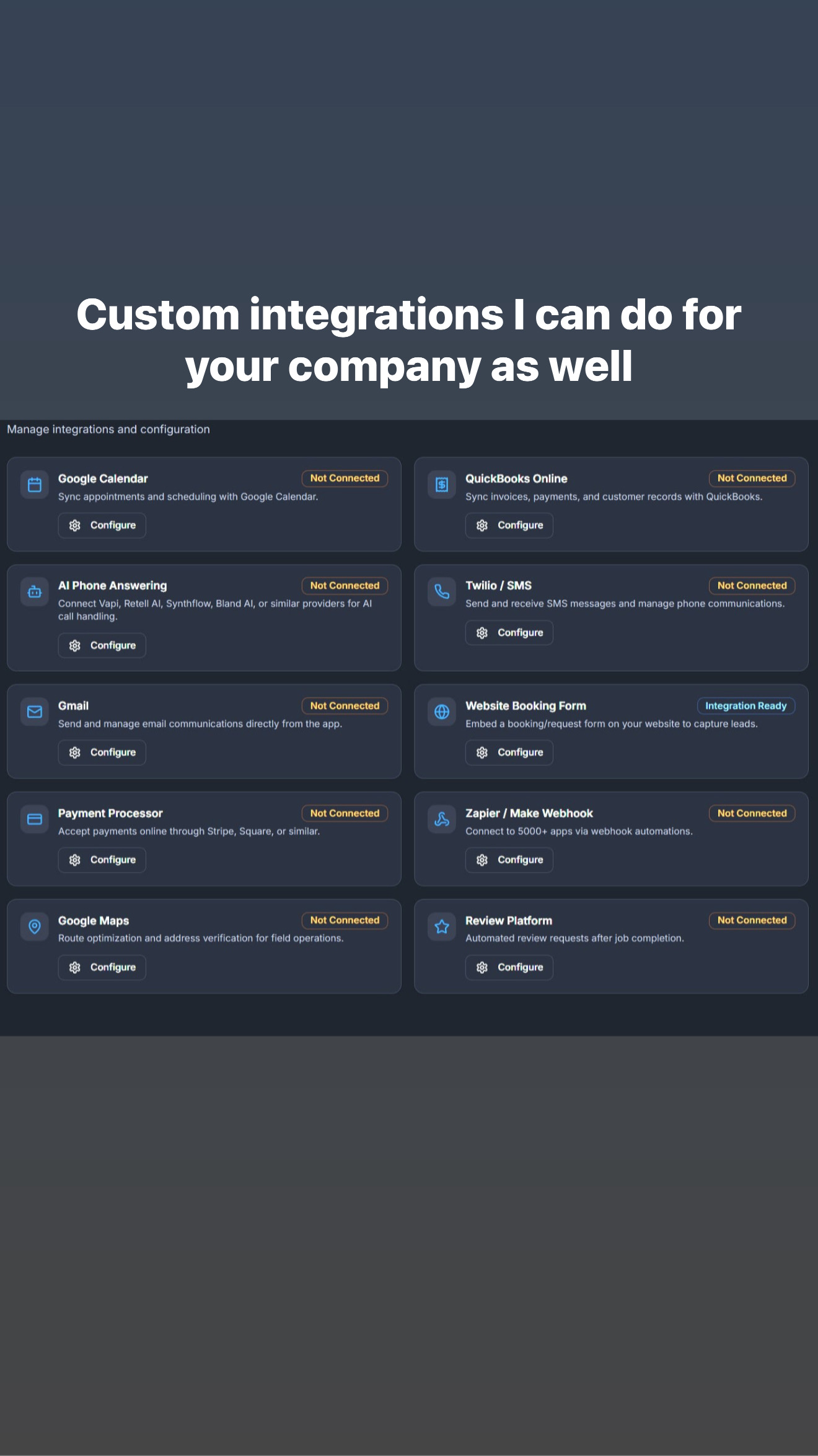 Custom integrations panel — Google Calendar, QuickBooks, AI phone, Twilio SMS, Gmail, Stripe